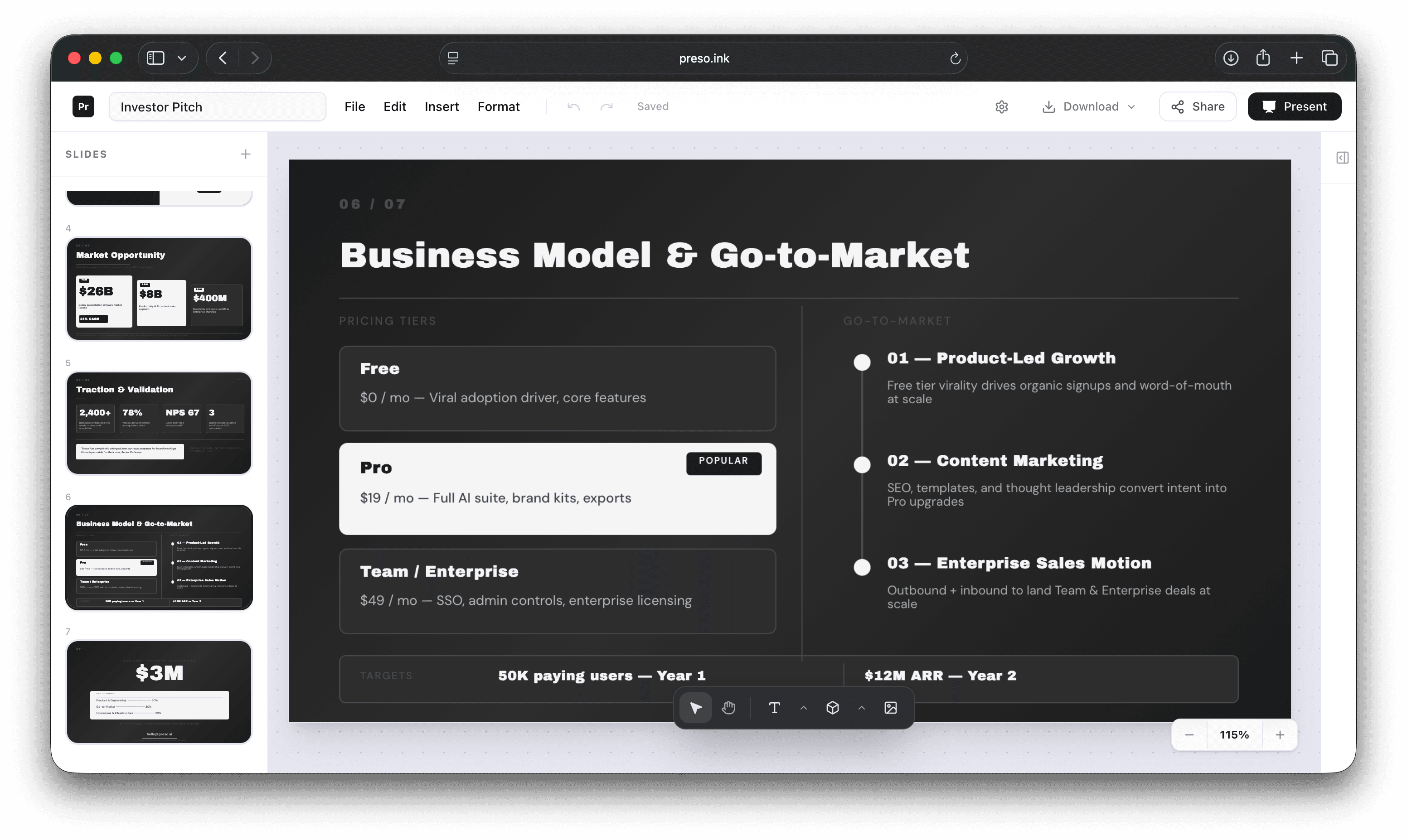 Preso presentation editor showing a Go-to-Market Strategy deck with slide thumbnails, the Market Opportunity slide on canvas, and the AI Assistant panel with quick actions.